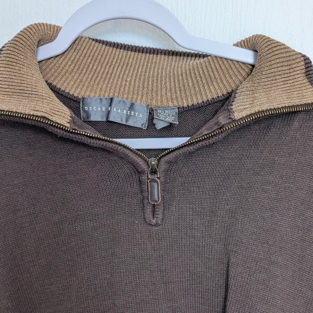 Oscar de la Renta Mens Brown Quarter Zip Cotton Blend Knit Sweater Large